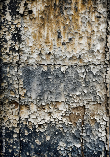 Old grunge wall texture with peeling paint. Urban decay wallpaper background. Detailed shot of weathered paint on plaster and brick.