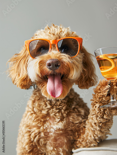 A shaggy brown dog wearing sunglasses holds up a martini glass with an orange slice in it.