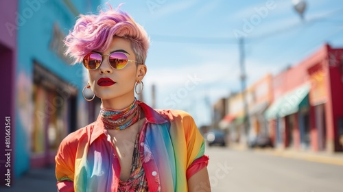 A Gen Z individual, sporting a gender-fluid outfit, exuding confidence 