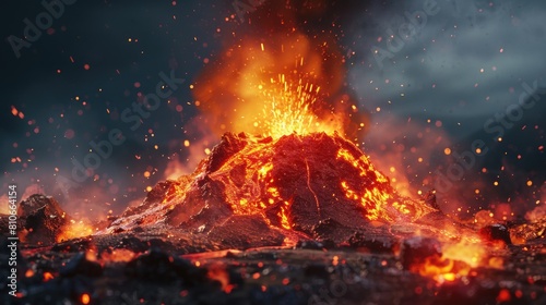 A volcano with a large fire on top of it
