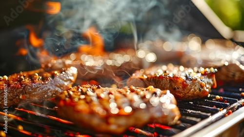 Grilled beef steaks as the main attraction at an outdoor BBQ party. Concept BBQ Party, Grilled Beef Steaks, Outdoor Cooking, Casual Gathering, Food Presentation photo