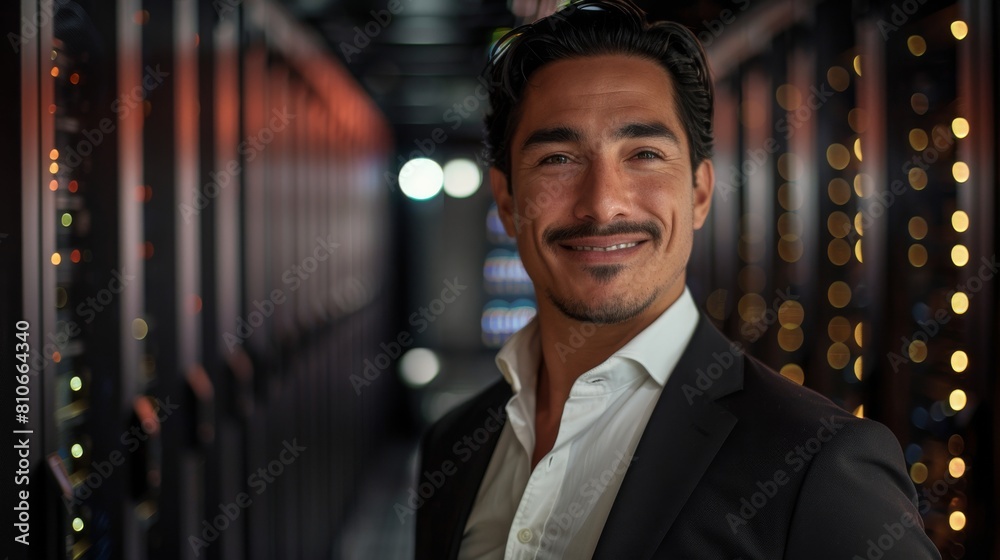 Portrait of Smiling Man in Black Suit and White Shirt Standing Against a Dark Server Room with Ambient Lighting, Symbolizing Professionalism in Technology Environment Portrait of Smiling Man in Black Suit and White Shirt Standing Against a Dark Server Room with Ambient Lighting, Symbolizing Professionalism in Technology Environment