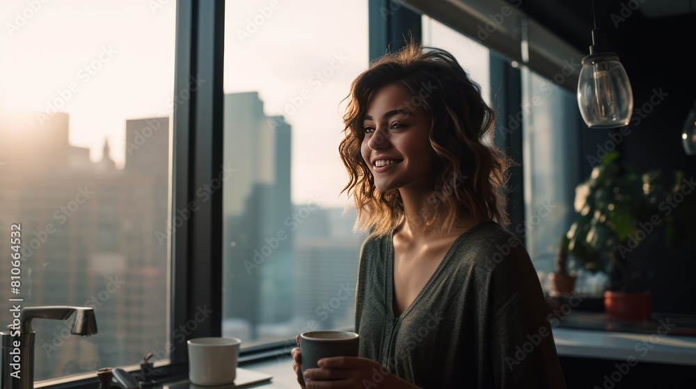 Fototapeta premium a young woman enjoying a cup of instant coffee at her kitchen counter, 