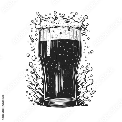 Hand drawn glass of beer with splash and drops. Vintage vector engraving illustration for web, poster, menu design, invitation to party. Vector illustration isolated on white background.