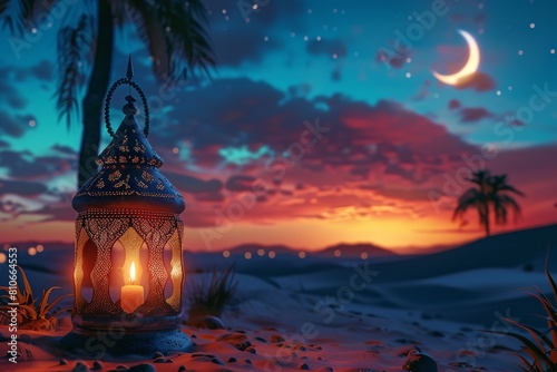 Arabia, Sahara, lantern, and moon setup for a festive moment. Generative Ai