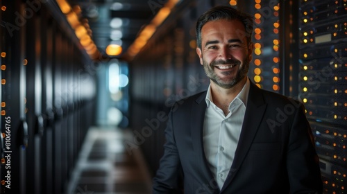Portrait of Smiling Man in Black Suit and White Shirt Standing Against a Dark Server Room with Ambient Lighting, Symbolizing Professionalism in Technology Environment 
