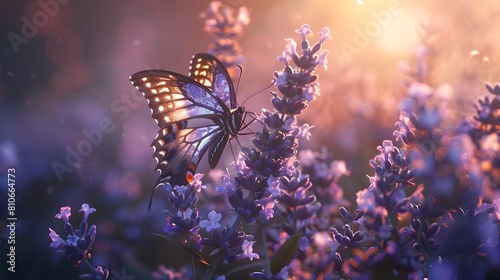 Iridescent Butterfly Perched on Blooming Lavender Bush in Mesmerizing Sunlight
