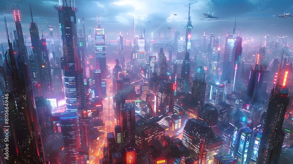 Breathtaking Futuristic Cityscape with Reflective Towers,Neon Lights,and Levitating Vehicles