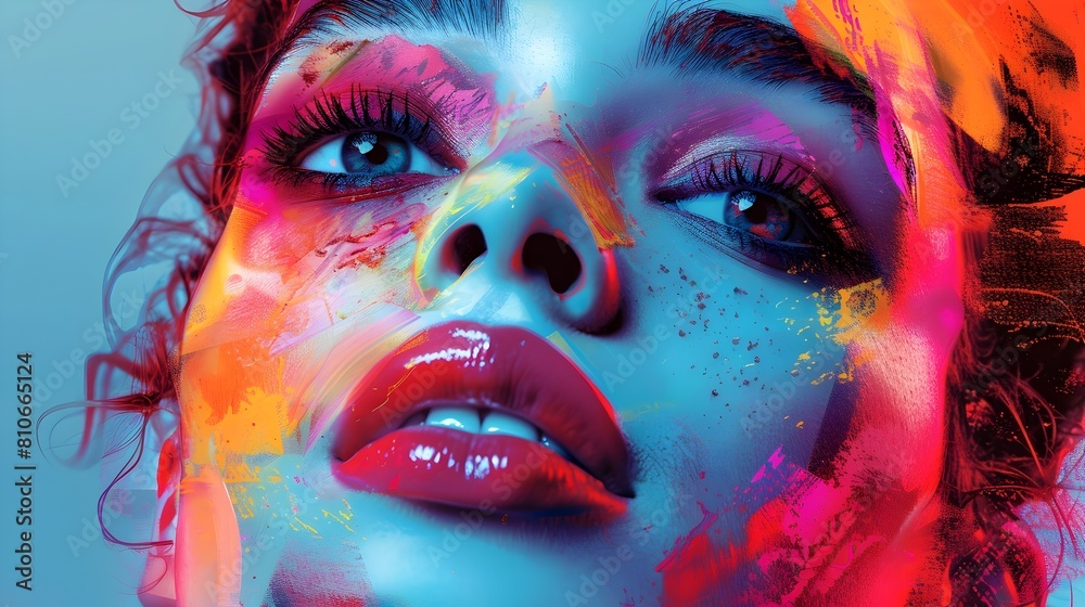 Vibrant Pop-Art Inspired High-Angle Portrait with Bold Colors and Digital Collage Elements