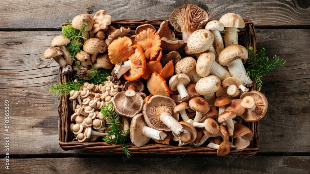 Fototapeta premium Wicker tray with variety of raw mushrooms on top wooden table