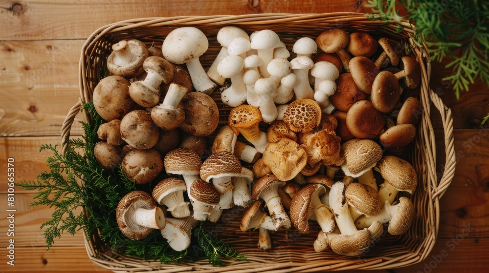 Wicker tray with variety of raw mushrooms on top wooden table Wicker tray with variety of raw mushrooms on top wooden table