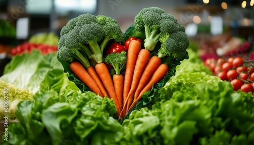 A large, colorful heart made up of various vegetables such as broccoli and carrots is displayed prominently in the foreground with other vegetables like lettuce in the background. photo