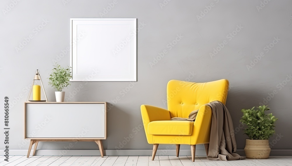 Fototapeta premium Modern living room indoor design with the scene of a yellow chair, a modern armchair with walls poster mockup
