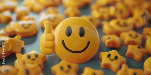 A smiling face with a thumbs up is surrounded by many stars