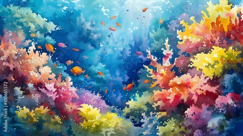 High-Angle Perspective of Vibrant Coral Reef with Colorful Marine Life in Dreamy Underwater World Utilizing Watercolor Textures