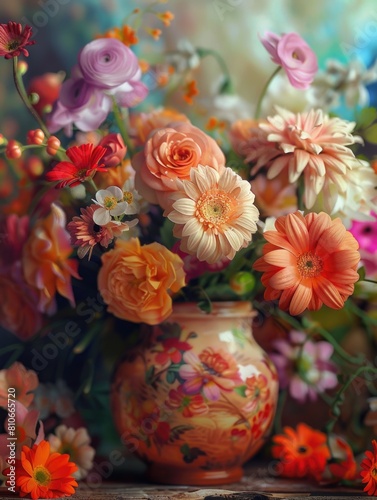A vase filled with a colorful assortment of flowers, including daisies, roses