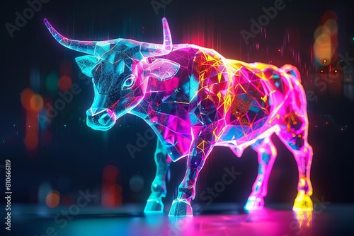 A digital bull glowing in vibrant colors, representing stock market optimism © nattapon98