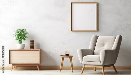 Modern living room indoor design with the scene of a  chair  a modern armchair with walls poster mockup