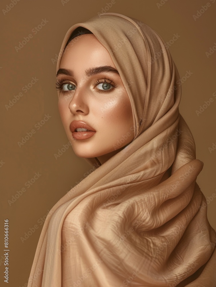 A woman wearing a scarf with a tan background A woman wearing a scarf with a tan background