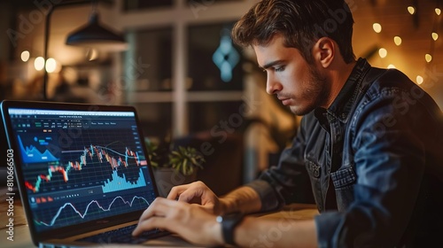A man works on his laptop, possibly trading or analyzing stock market data photo