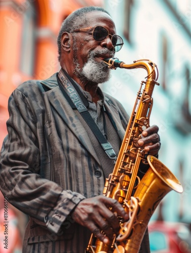 A man playing a saxophone on a street