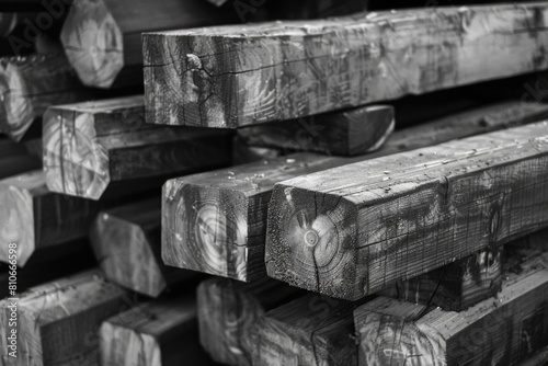 A stack of wood with a black and white filter