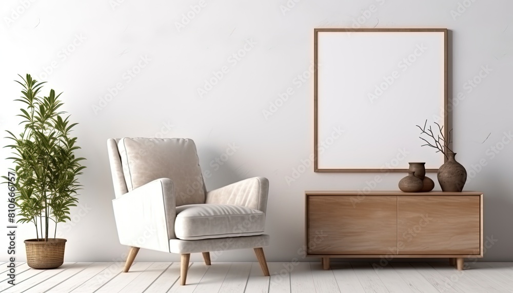 Modern living room indoor design with the scene of a chair, a modern armchair with walls poster mockup Modern living room indoor design with the scene of a chair, a modern armchair with walls poster mockup