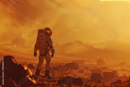 A solitary astronaut experiencing an alien planet photo