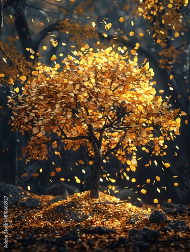 A tree with yellow leaves is surrounded by a pile of leaves