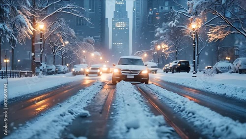 Driving a Car on a Snow-Covered City Street in Winter. Concept Winter Driving, Snow-Covered Street, City Landscape, Car Travel, Challenging Conditions photo