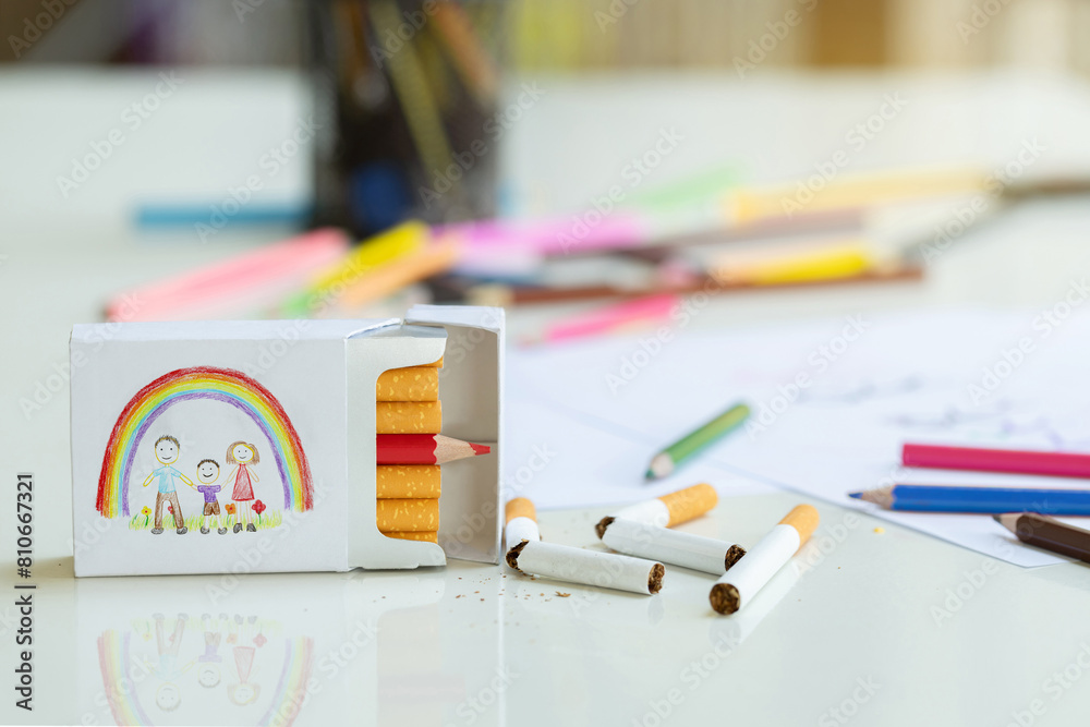 Obraz premium World No Tobacco Day concept. Stop smoking. A box of cigarettes with a drawing of a family and a red colored pencil inside was placed on the table with broken cigarettes. Stop smoking for your family.