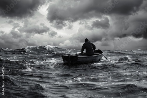 A man is rowing a boat in the ocean