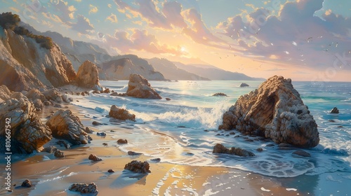Stunning Seaside Cliff Bathed in Vibrant Sunset Glow with Rugged Rocks and Soft Sandy Beaches photo