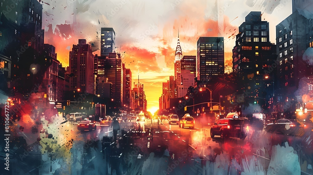 Vibrant City Skyline at Dramatic Sunset in Watercolor Style