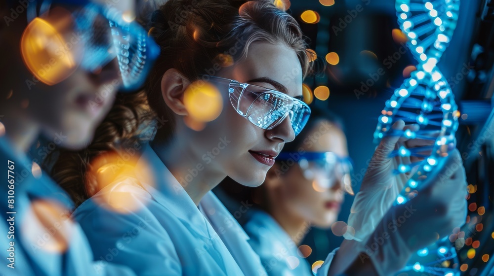 Scientists in a modern laboratory, working on genetic engineering. They are examining DNA strands and using advanced computer software. Scientists in a modern laboratory, working on genetic engineering. They are examining DNA strands and using advanced computer software.