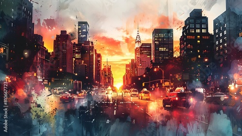 Vibrant City Skyline at Dramatic Sunset in Watercolor Style