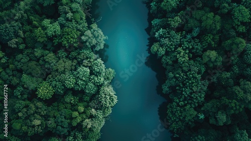 A lush green forest with a river running through it