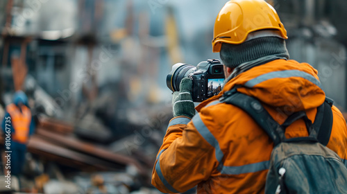 A photographer in safety attire documents an industrial site, amidst metal debris and structural remains