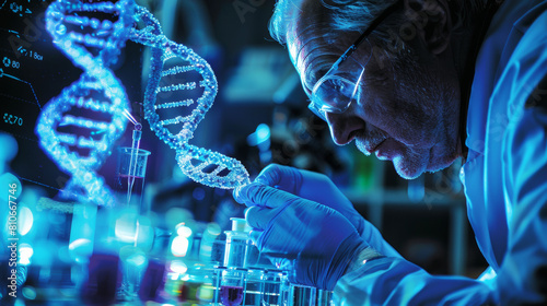 Scientists in a modern laboratory, working on genetic engineering. The background features high-tech equipment and a digital DNA helix animation.