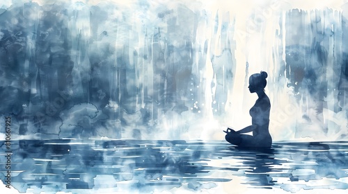 Serene Waterfall Meditation - A Tranquil Minimalist Watercolor of a Woman in Yoga Pose