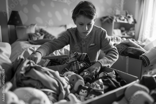 A boy is sorting through a box of stuffed animals