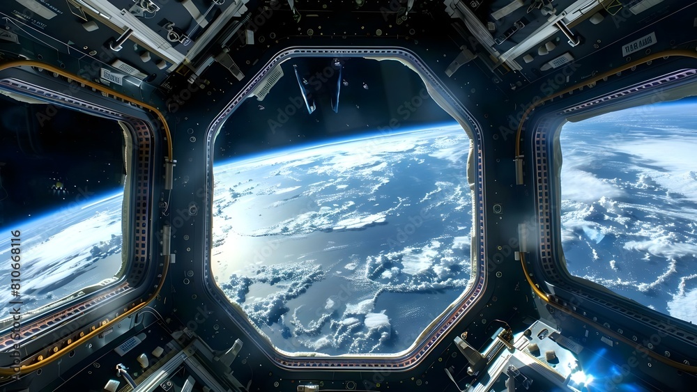 Observing Earth from a space station during astronaut experiments. Concept Space exploration, Scientific research, Astronaut experiments, Earth observation, Space station perspective Observing Earth from a space station during astronaut experiments. Concept Space exploration, Scientific research, Astronaut experiments, Earth observation, Space station perspective