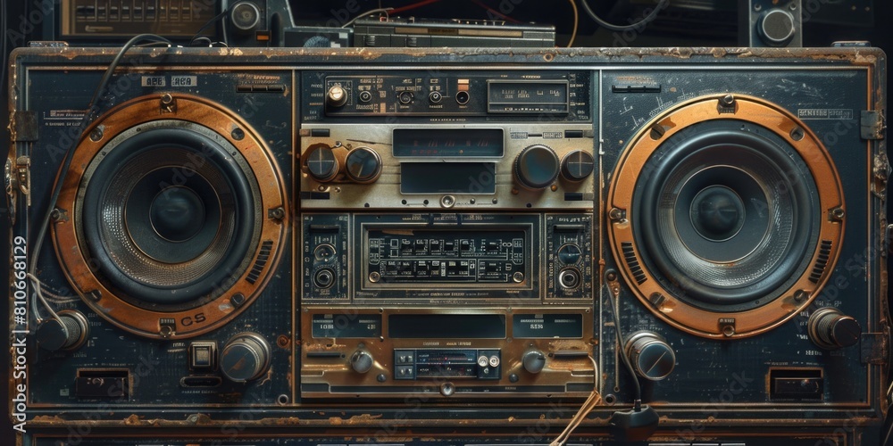 Fototapeta premium An old fashioned radio with two speakers and a black and gold color scheme