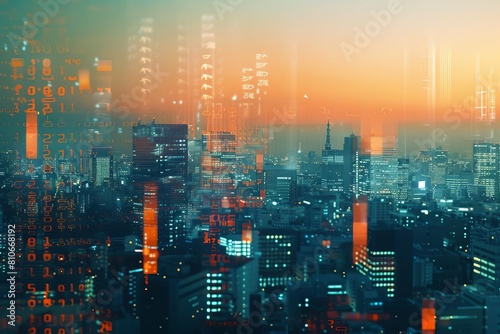 Blurred cityscape with overlaid financial graphs representing urban economic activity
