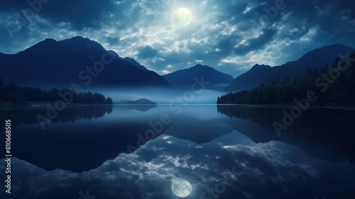 full moon rising over a tranquil mountain lake, its reflection shimmering on the glassy surface.