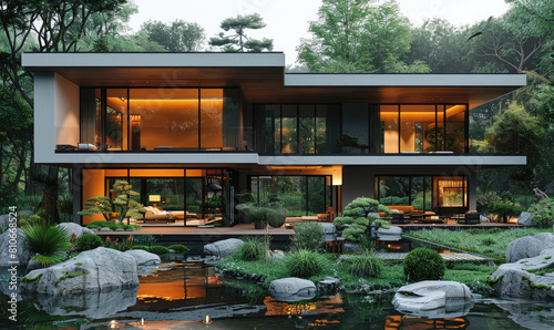 A two-story modern house with large windows, surrounded by lush greenery and featuring an elaborate rock garden with water features. Created with AI photo