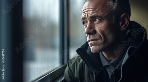 A man with a tired expression staring out of a window, 