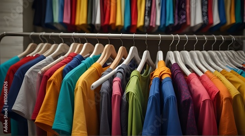 Colorful t shirts are neatly arranged on hangers presenting a vibrant.generative.ai