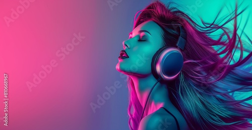 This image displays a female silhouette with neon light effects on her hair, giving off a party vibe, ideal for themes of summer enjoyment and nightlife