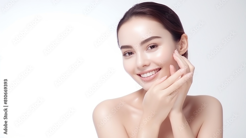 Beautiful young Woman model with clean fresh skin on beige background, Facial care, Cosmetology, beauty and spa, . Close-up of woman with clean skin posing, in studio background.